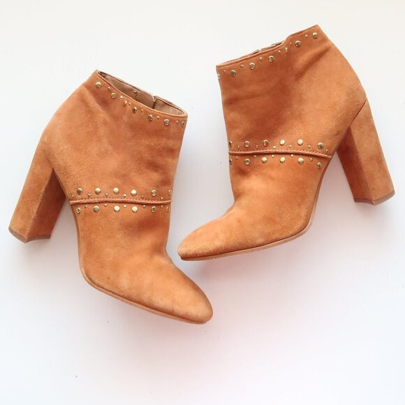 Sam Edelman Tan Suede Leather Round Toe Block Heel Studded Ankle Boots Booties - Picture 14 of 16